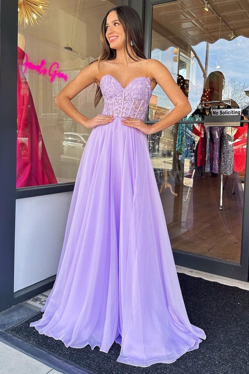 Rachel |A line Sweetheart Chiffon Prom Dress with Puff Sleeves - KissProm