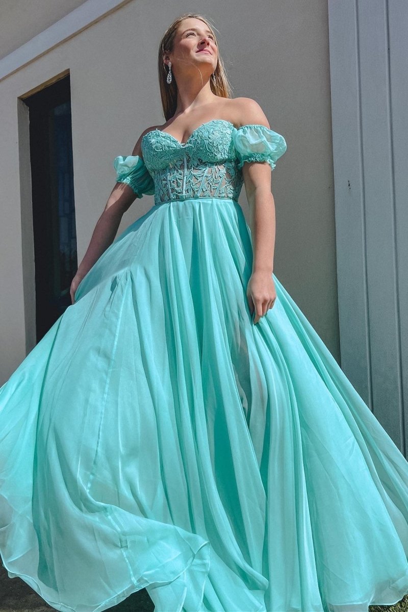 Rachel |A line Sweetheart Chiffon Prom Dress with Puff Sleeves - KissProm