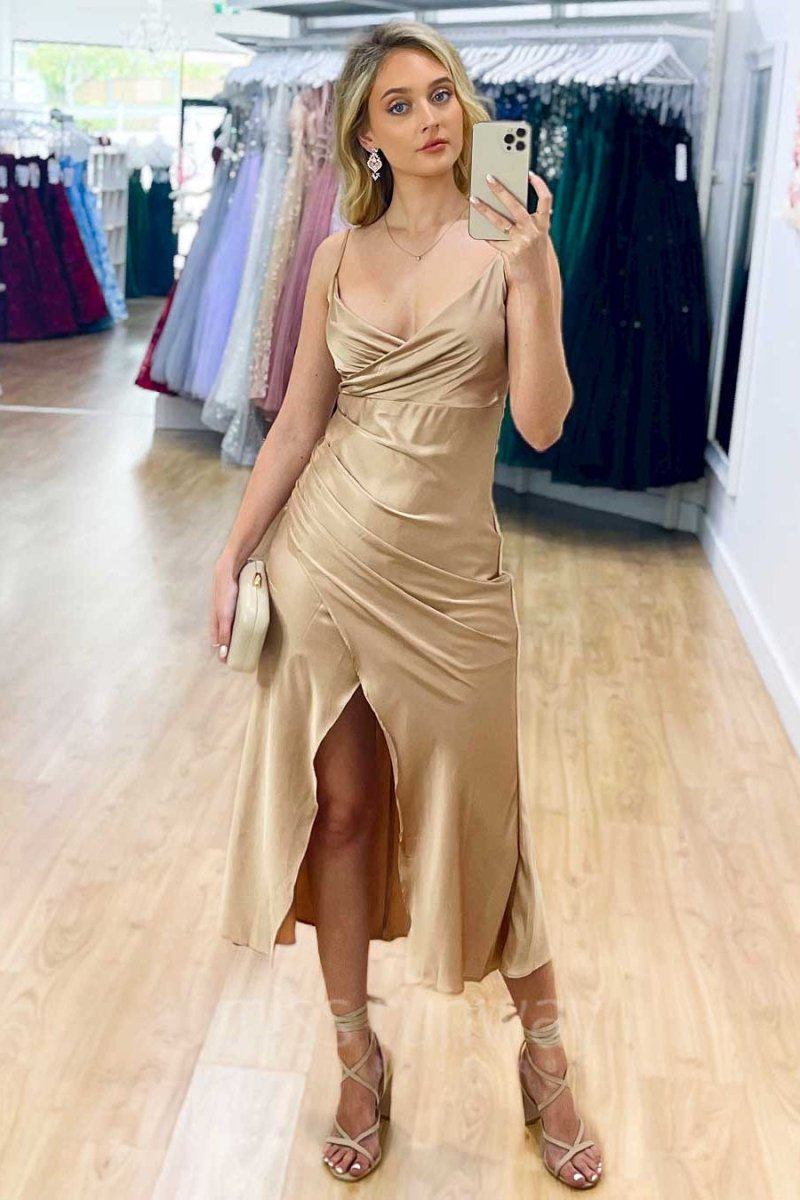 Simple V - Neck Champagne Midi Prom Dress - KissProm