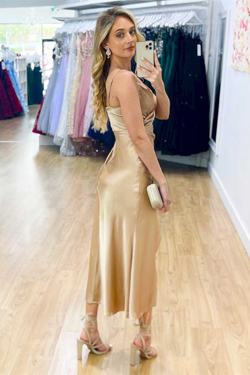 Simple V - Neck Champagne Midi Prom Dress - KissProm