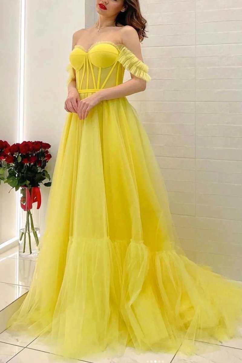 Lexie | A Line Off the Shoulder Yellow Corset Prom Dress - KissProm