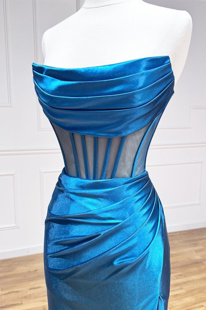 Strapless Pleated Boning Sheer Long Prom Dress with Slit - KissProm