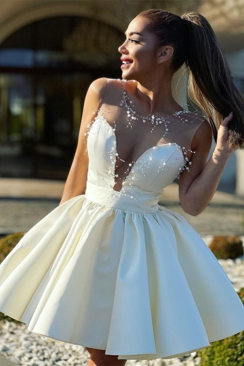 Seraphina |A - Line Illusion Neck Ivory Short Homecoming Dress with Beads - KissProm