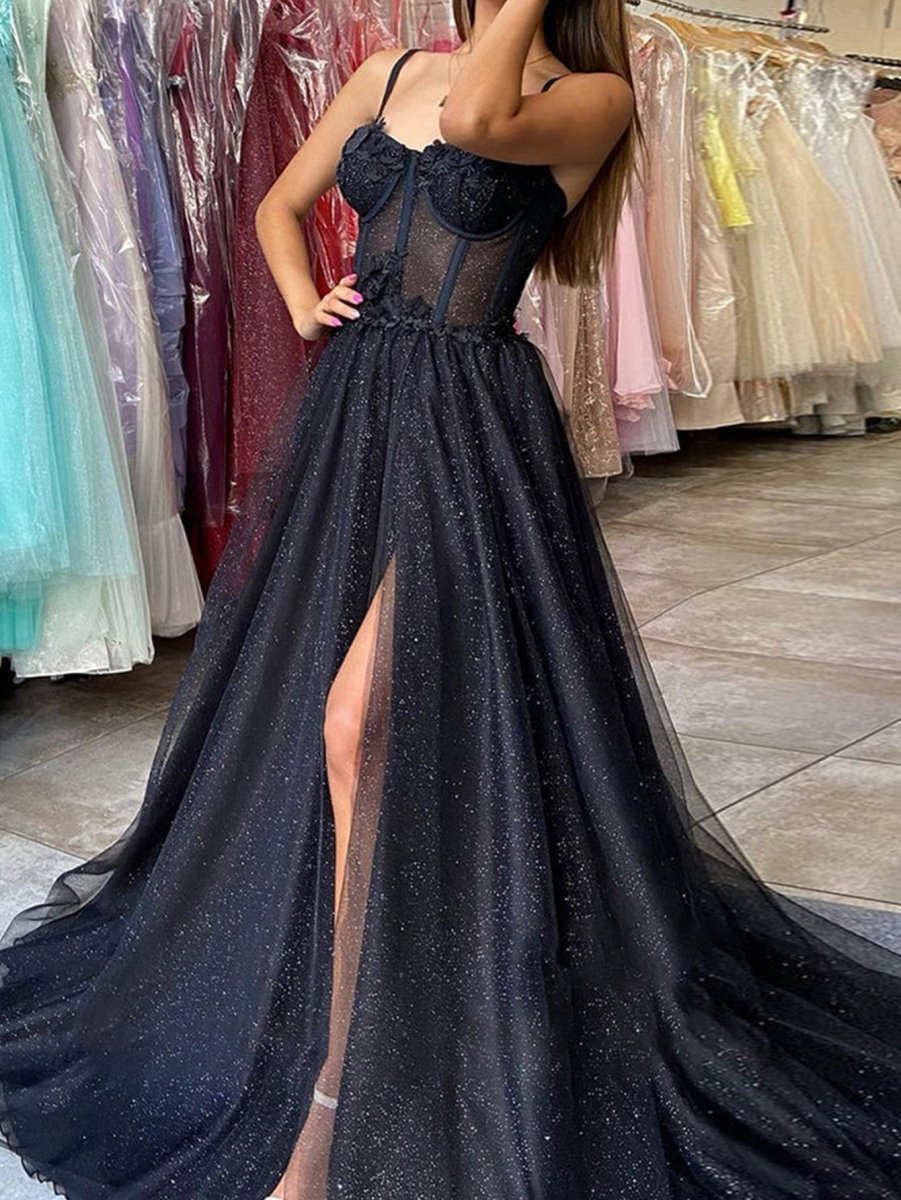 Keily |A - line Spaghetti Straps Glitter Tulle Prom Dress - KissProm