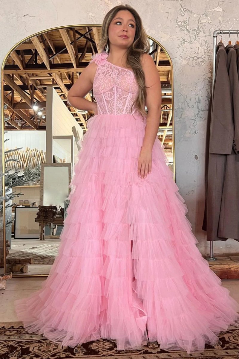 Kinsley | A Line One Shoulder Tiered Long Prom Dress - KissProm