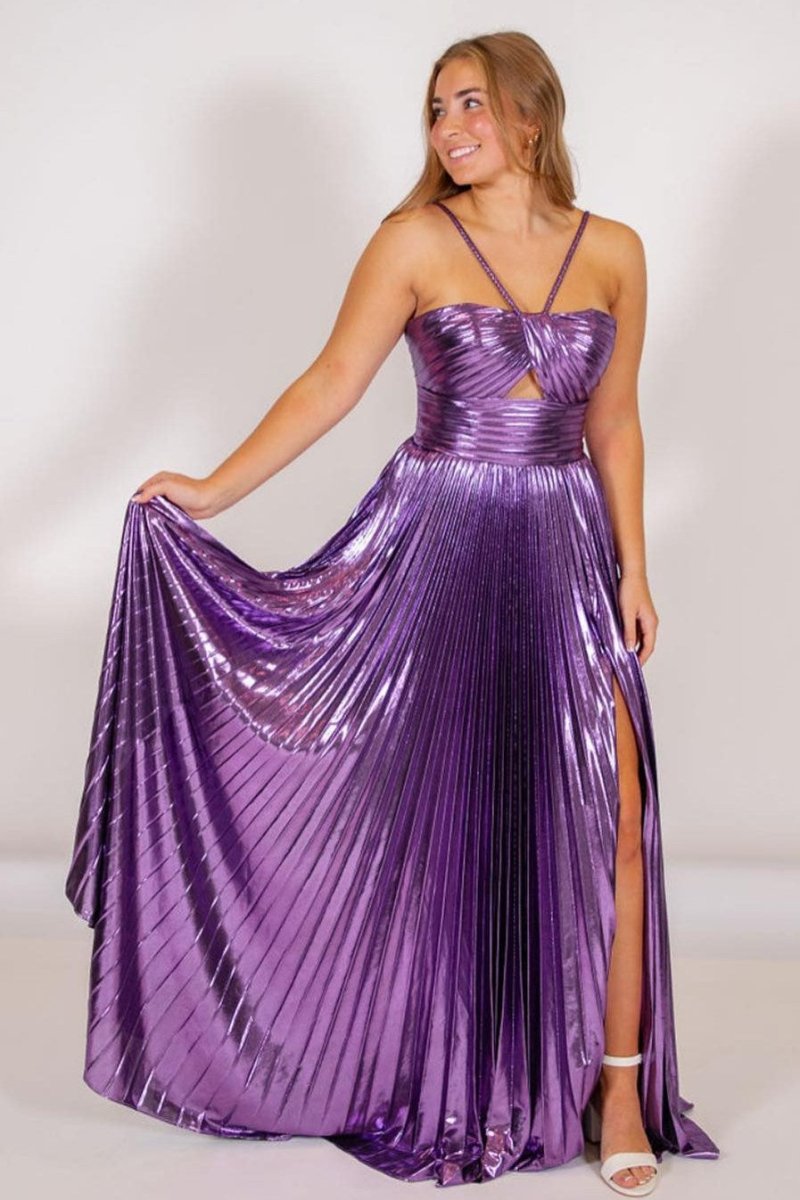 Madalyn| Metallic Keyhole Spaghetti Strap Long Prom Dress with Slit - KissProm