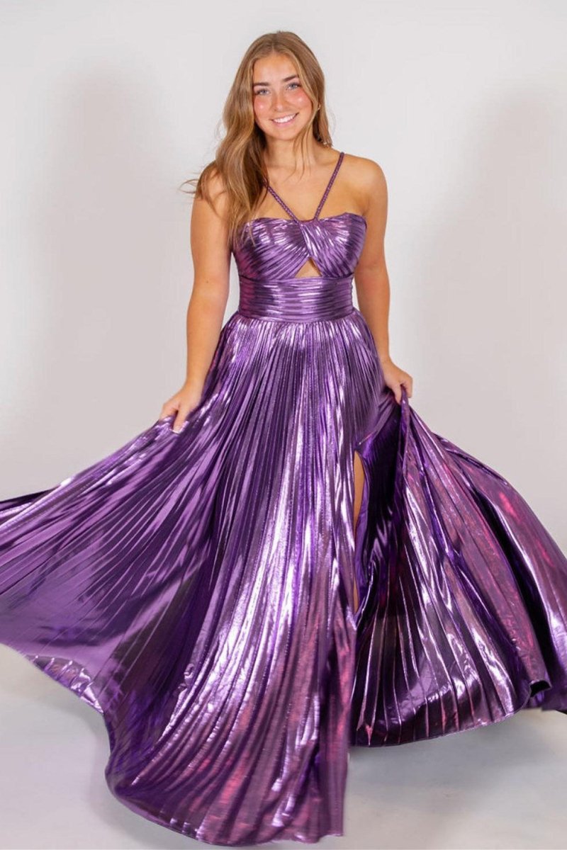 Madalyn| Metallic Keyhole Spaghetti Strap Long Prom Dress with Slit - KissProm