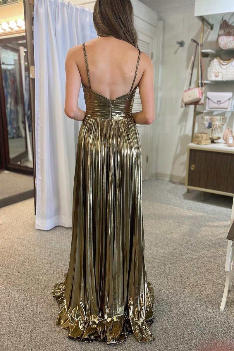 Madalyn| Metallic Keyhole Spaghetti Strap Long Prom Dress with Slit - KissProm