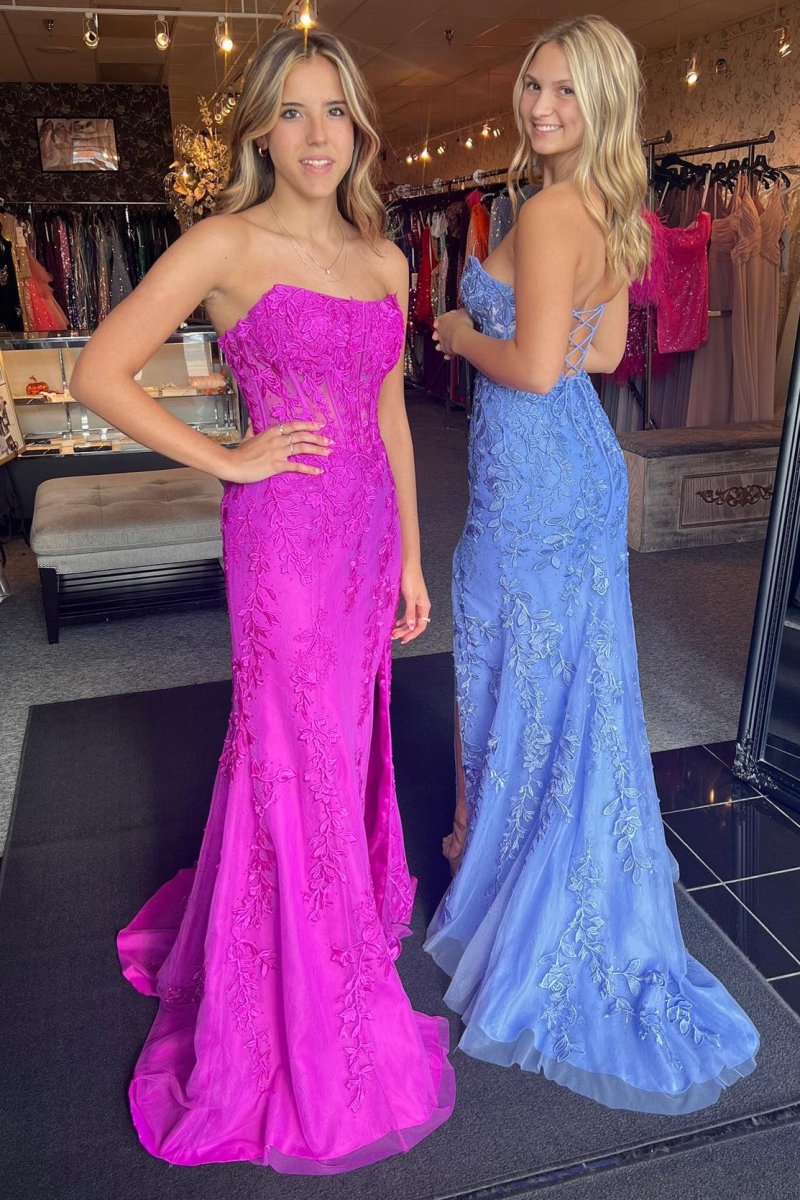 Leyla| Mermaid Strapless Lace Tulle Prom Dress with Slit - KissProm