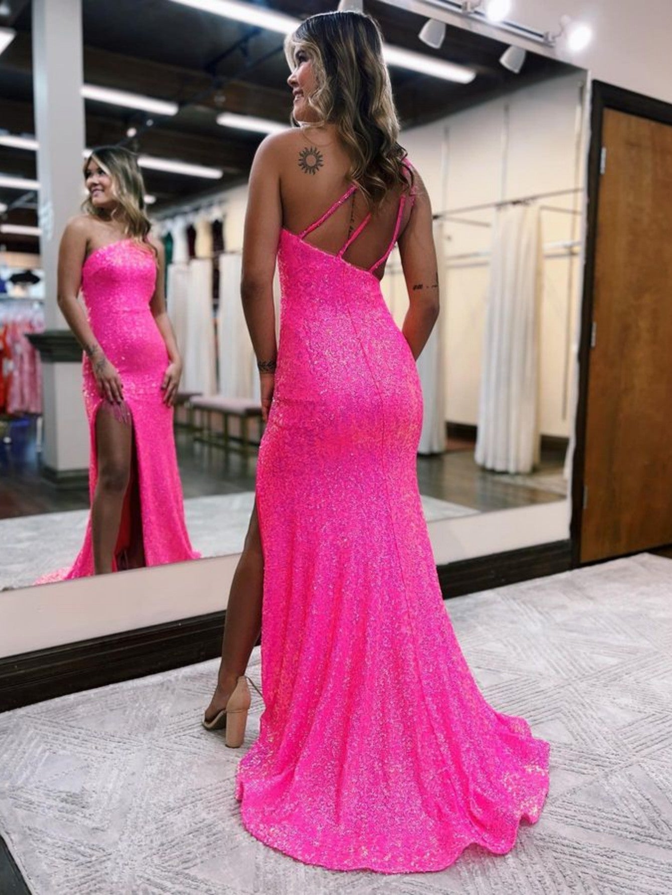 Pink One Strap Mermaid Prom Dresses