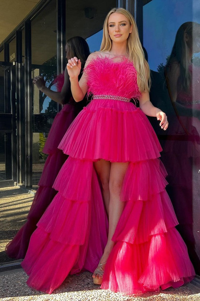 Marie| A-line High-Low Strapless Ruffled Tulle Prom Dress with Feathers