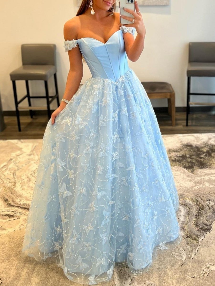 Anaya |A Line Off the Shoulder Satin Lace Prom Dress - KissProm