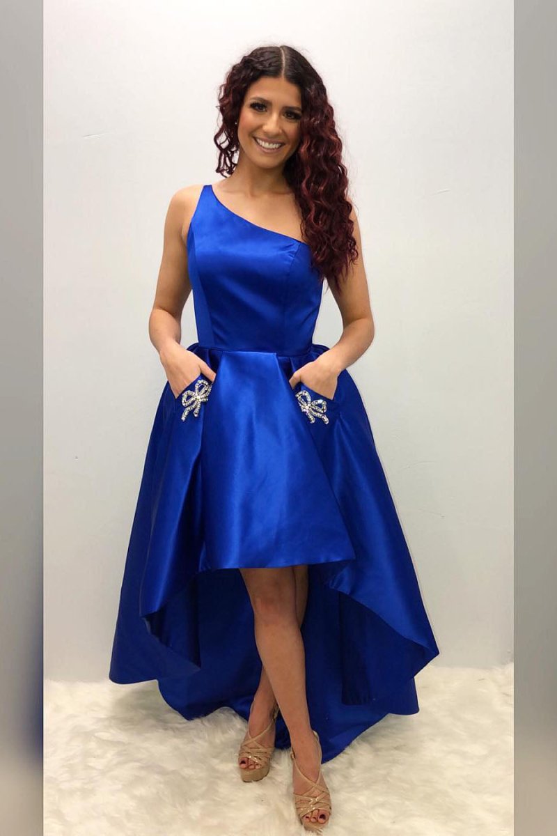 One Shoulder Asymmetrical Royal Blue Homecoming Dress with Pockets - KissProm