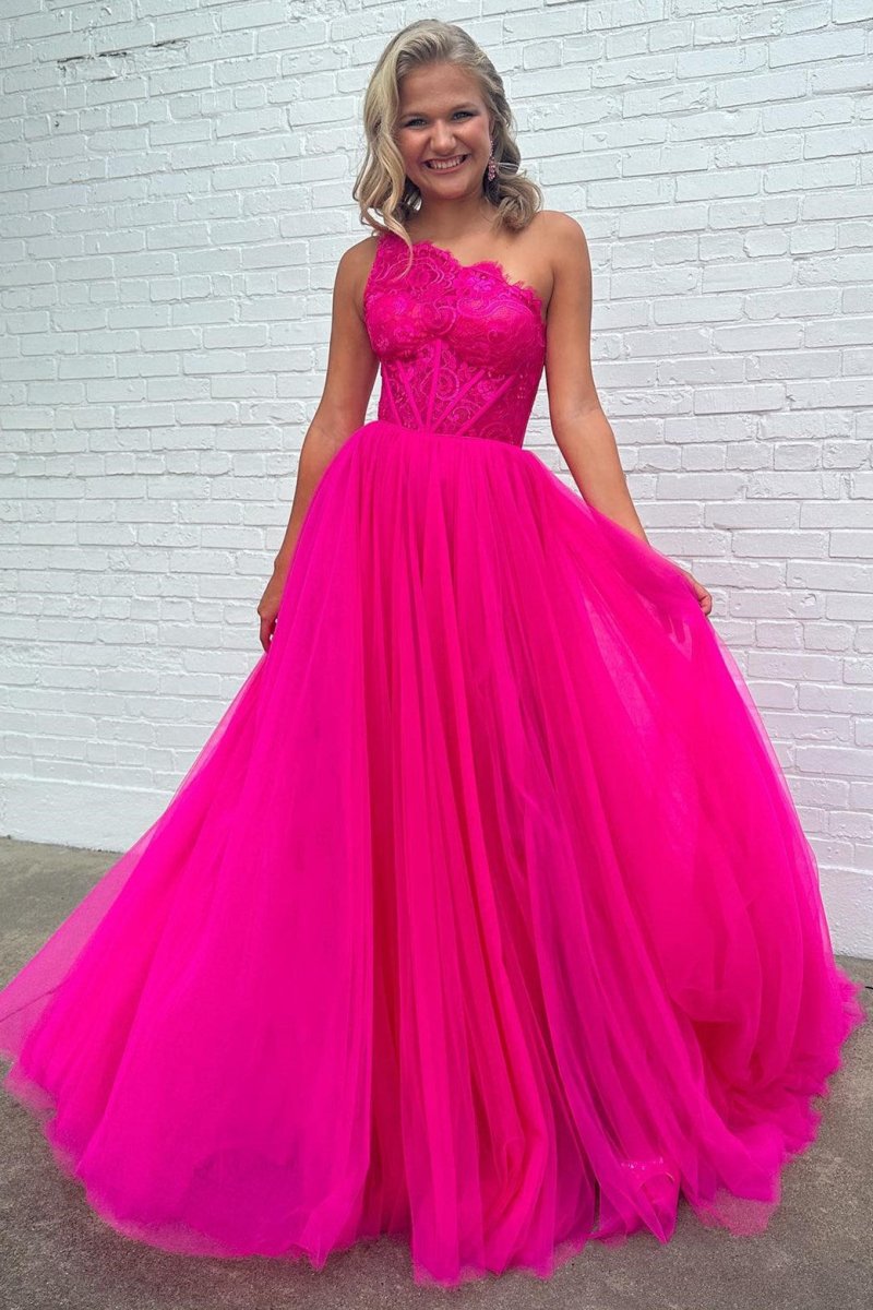 Madilyn |A - line One Shoulder Lace Tulle Prom Dress with Slit - KissProm