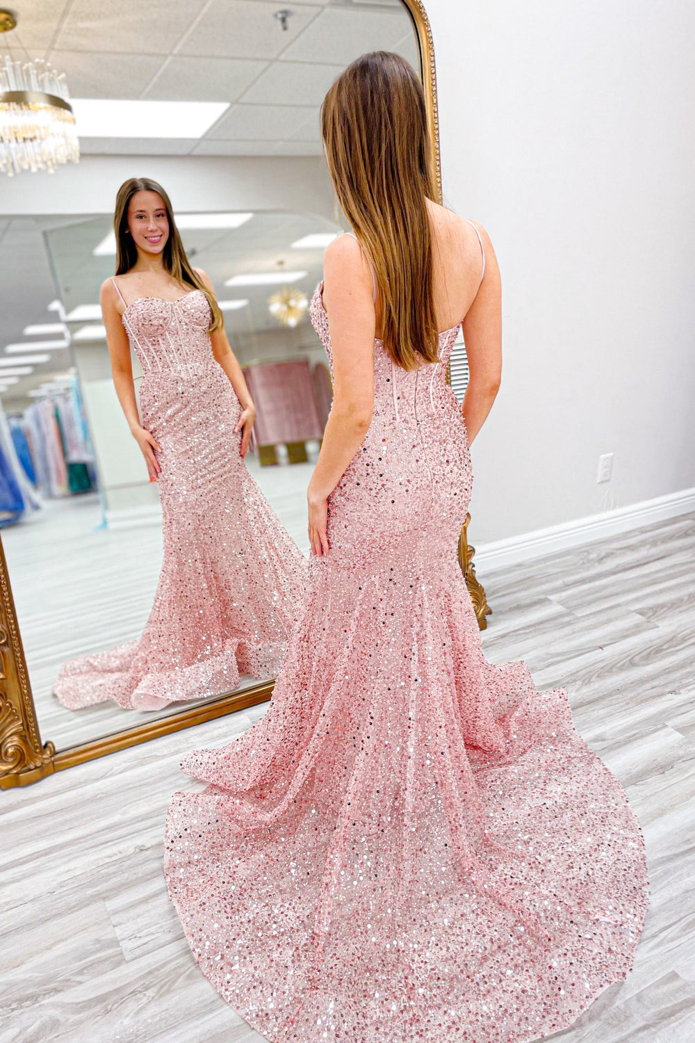 Nori | Pink Sequins Mermaid Spaghetti Straps Boning Long Prom Dress