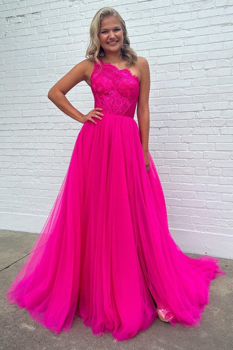 Madilyn |A - line One Shoulder Lace Tulle Prom Dress with Slit - KissProm