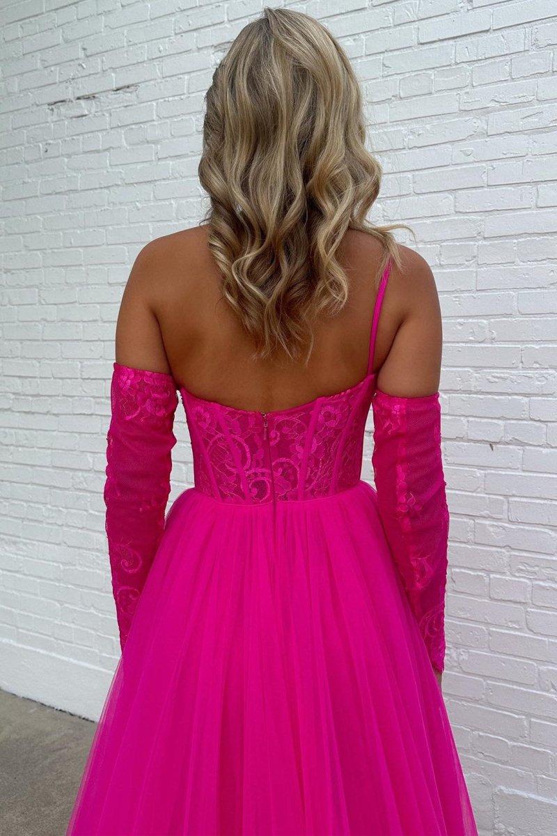 Madilyn |A - line One Shoulder Lace Tulle Prom Dress with Slit - KissProm