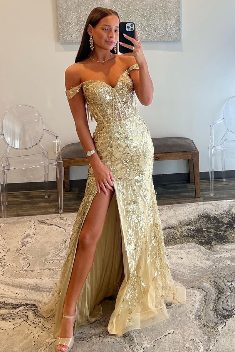 Soleil Gold Sequin Lace Off the Shoulder Mermaid Prom Dress