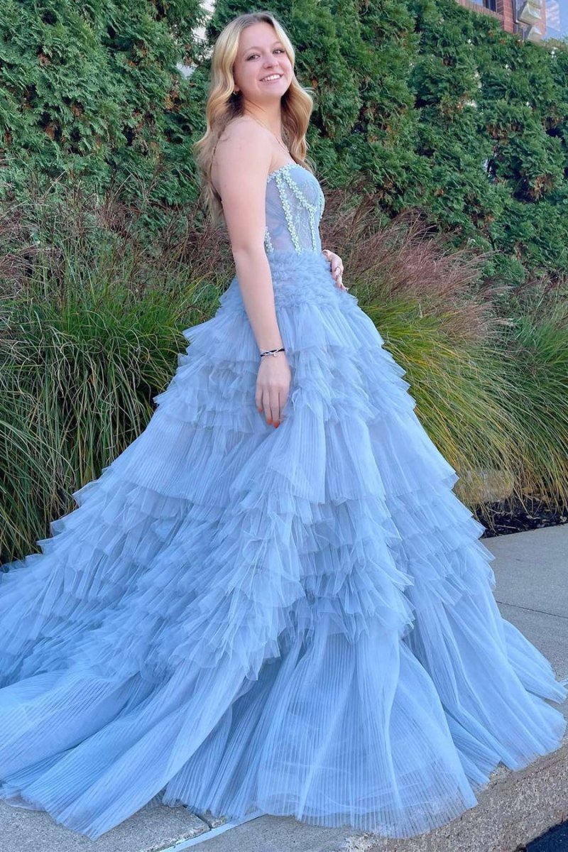 Jazlyn |Princess A - line Strapless Tiered Tulle Prom Dress - KissProm