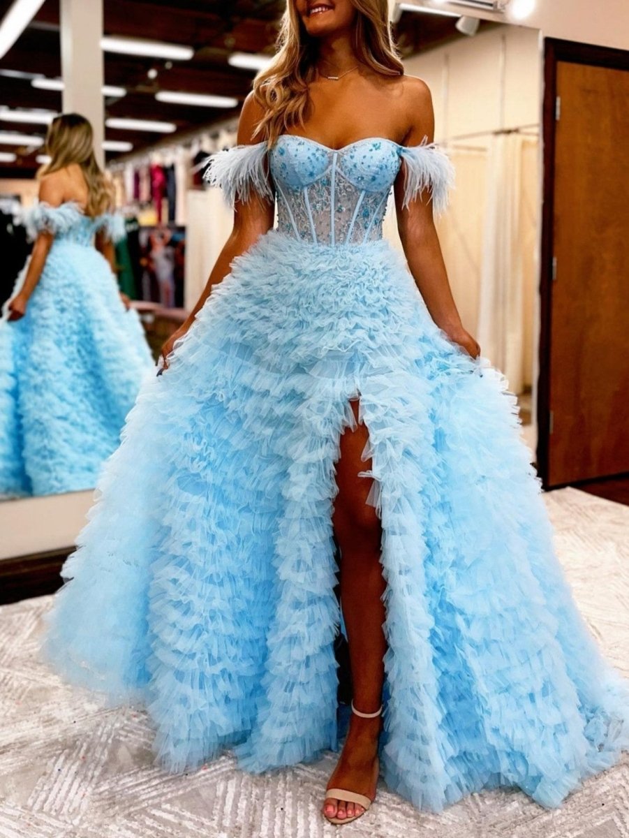 Ingrid |A Line Sweetheart Tiered Tulle Long Prom Dress With Slit - KissProm