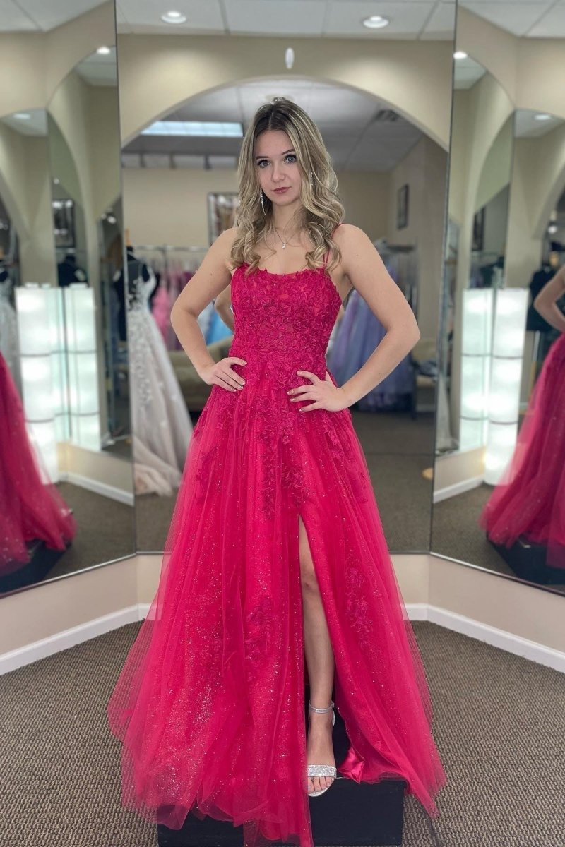 Lindsey | Fuchsia A - line Tulle Scoop Neckline Applique Slit Long Prom Dress - KissProm