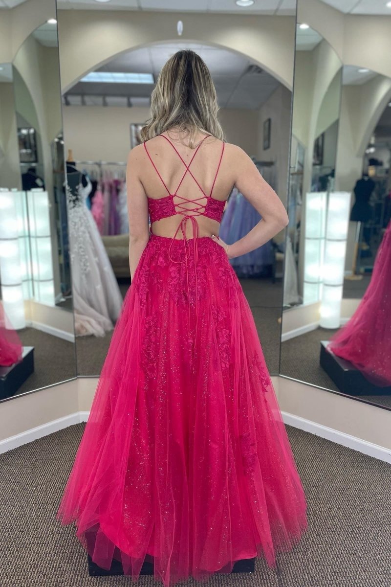 Lindsey | Fuchsia A - line Tulle Scoop Neckline Applique Slit Long Prom Dress - KissProm