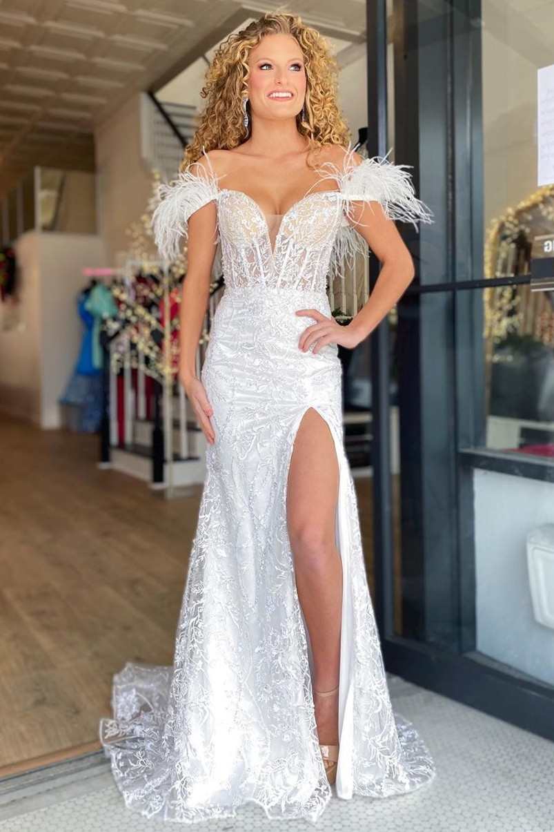 White off the outlet shoulder prom dress