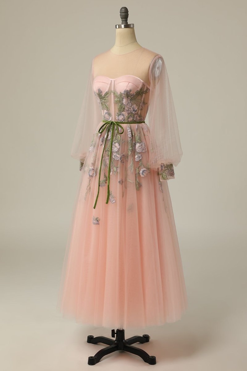 Meilani |A Line Scoop Long Sleeve Tulle Prom Dress with Floral Embroidery - KissProm