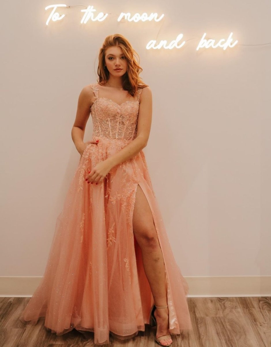 Rylie |A - Line Spaghetti Straps Glitter Tulle Prom Dress with Slit - KissProm