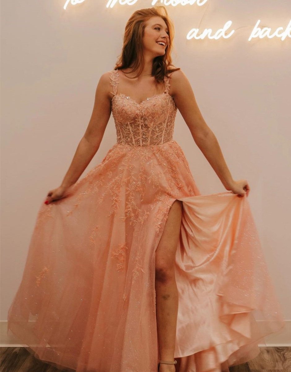 Rylie |A - Line Spaghetti Straps Glitter Tulle Prom Dress with Slit - KissProm