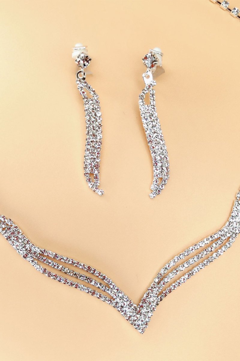 Silver Crystal Necklace Earrings Jewelry Set - KissProm