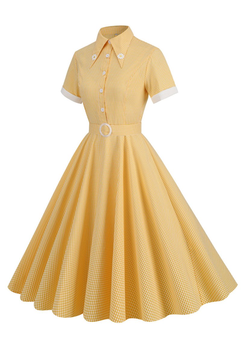 Hepburn Style Yellow Plaid Vintage Dress With Short Sleeves - KissProm