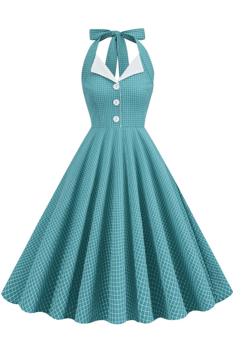 Retro Style Halter Neck Green 1950s Dress with Button - KissProm