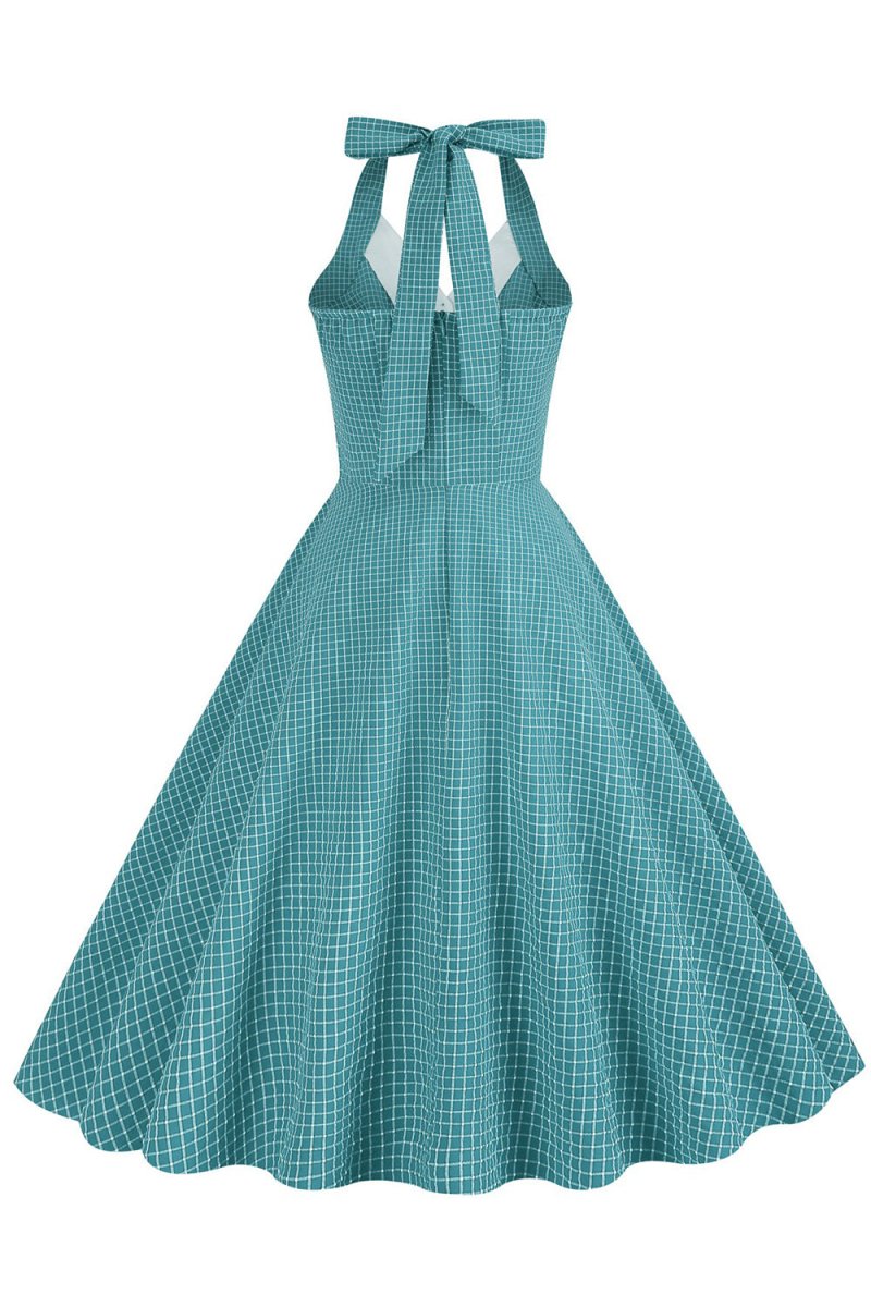 Retro Style Halter Neck Green 1950s Dress with Button - KissProm