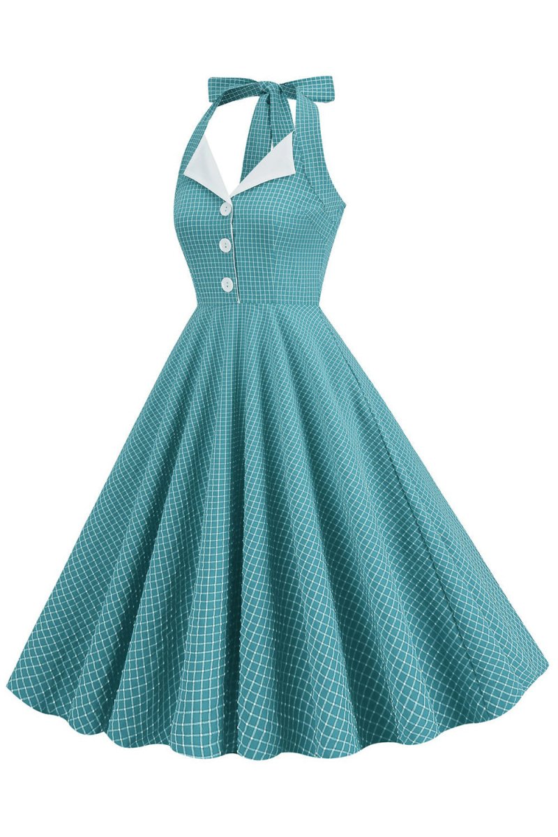 Retro Style Halter Neck Green 1950s Dress with Button - KissProm