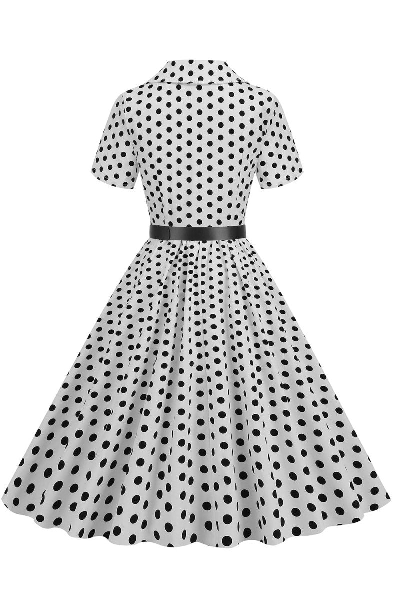 Hepburn Style V Neck Blue Polka Dots 1950s Dress - KissProm