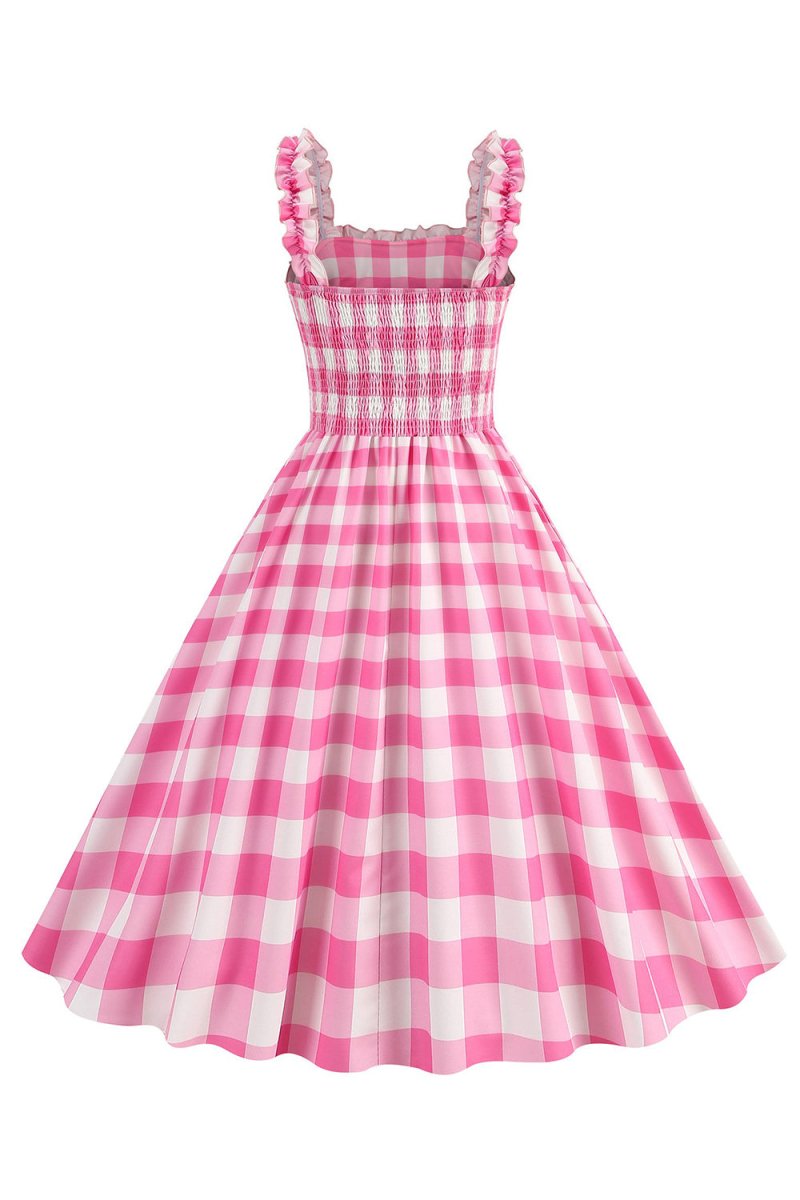 Pink Plaid A Line Smocked 1950s Dress - KissProm