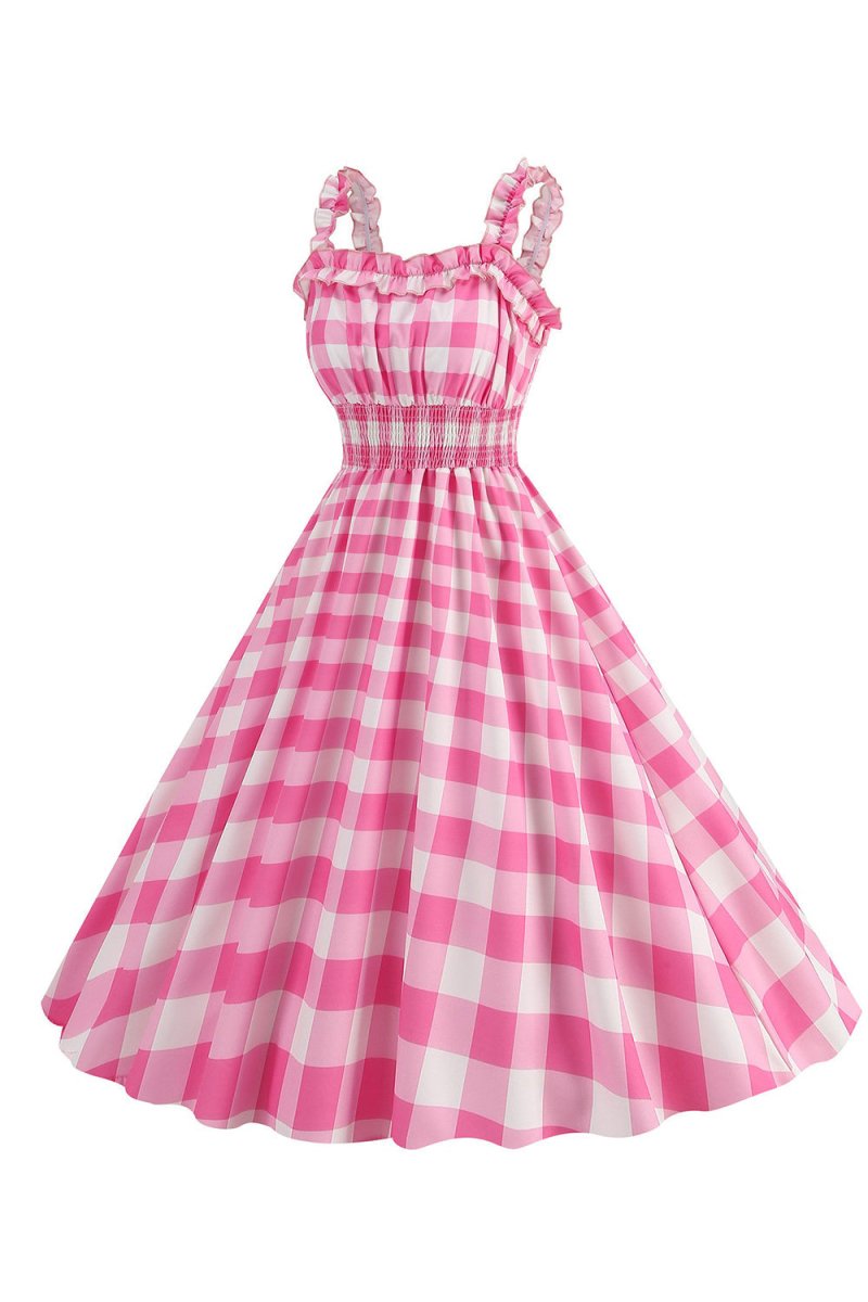 Pink Plaid A Line Smocked 1950s Dress - KissProm