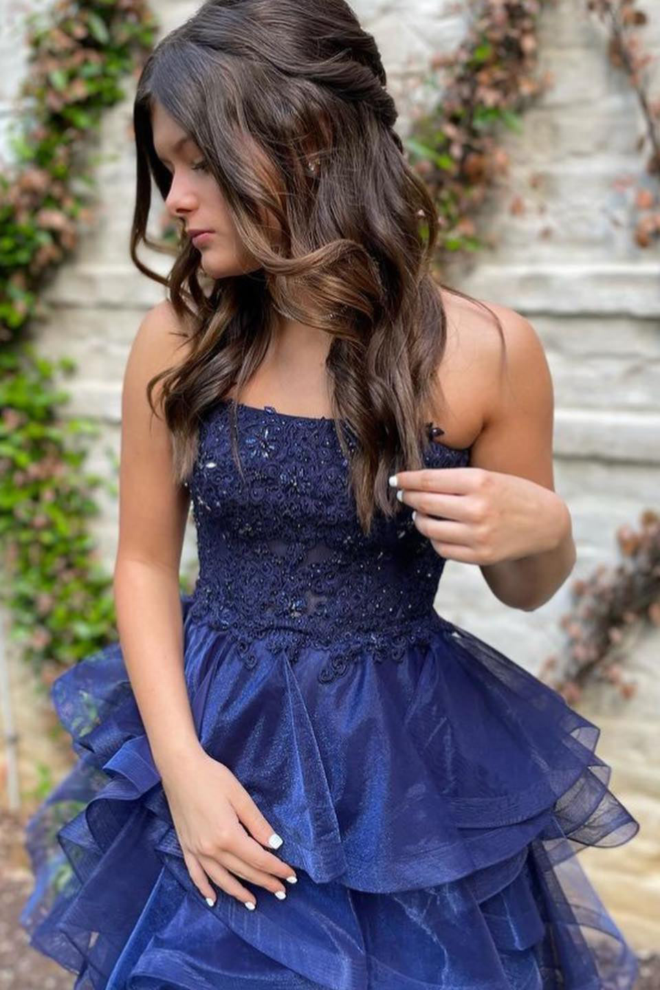 Navy blue dress short in front 2024 long in back