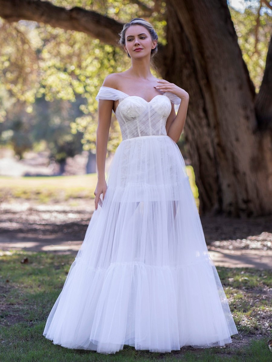 Off Shoulder A - Line Tulle Ivory Prom Dress - KissProm