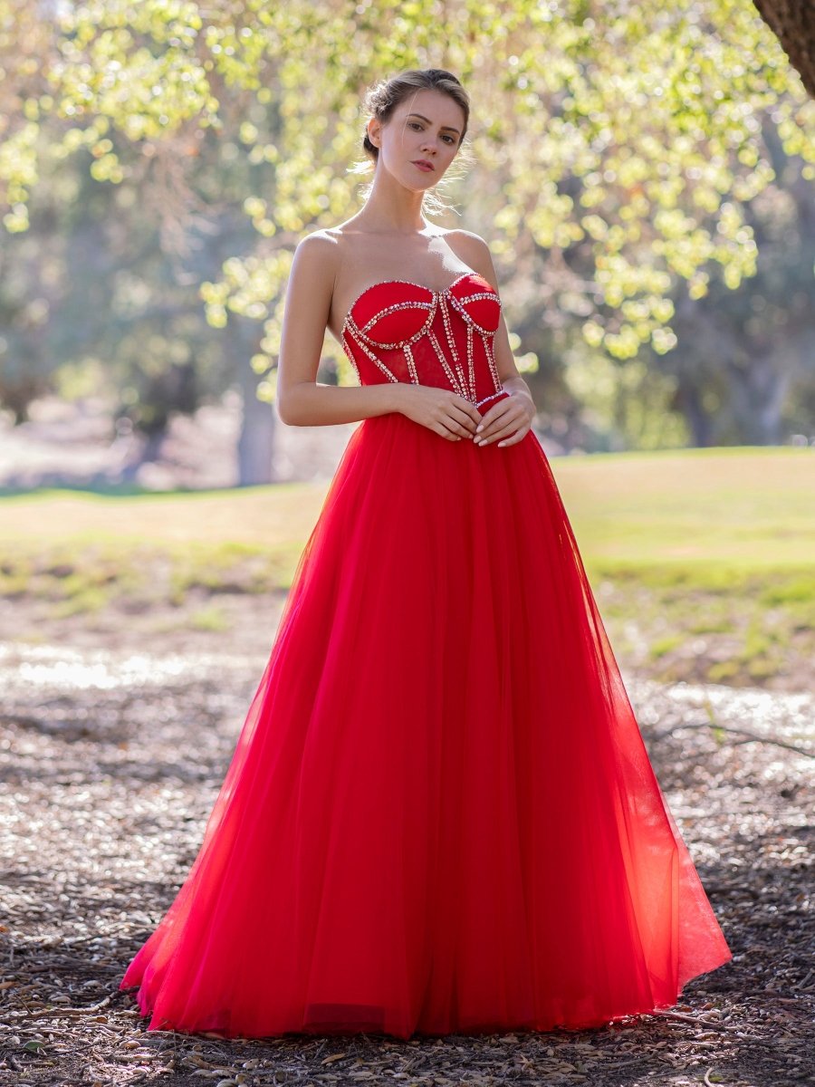 A - Line Strapless Red Prom Dress with Beadings - KissProm