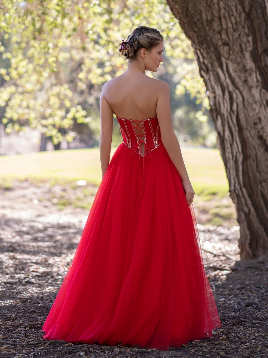 A - Line Strapless Red Prom Dress with Beadings - KissProm