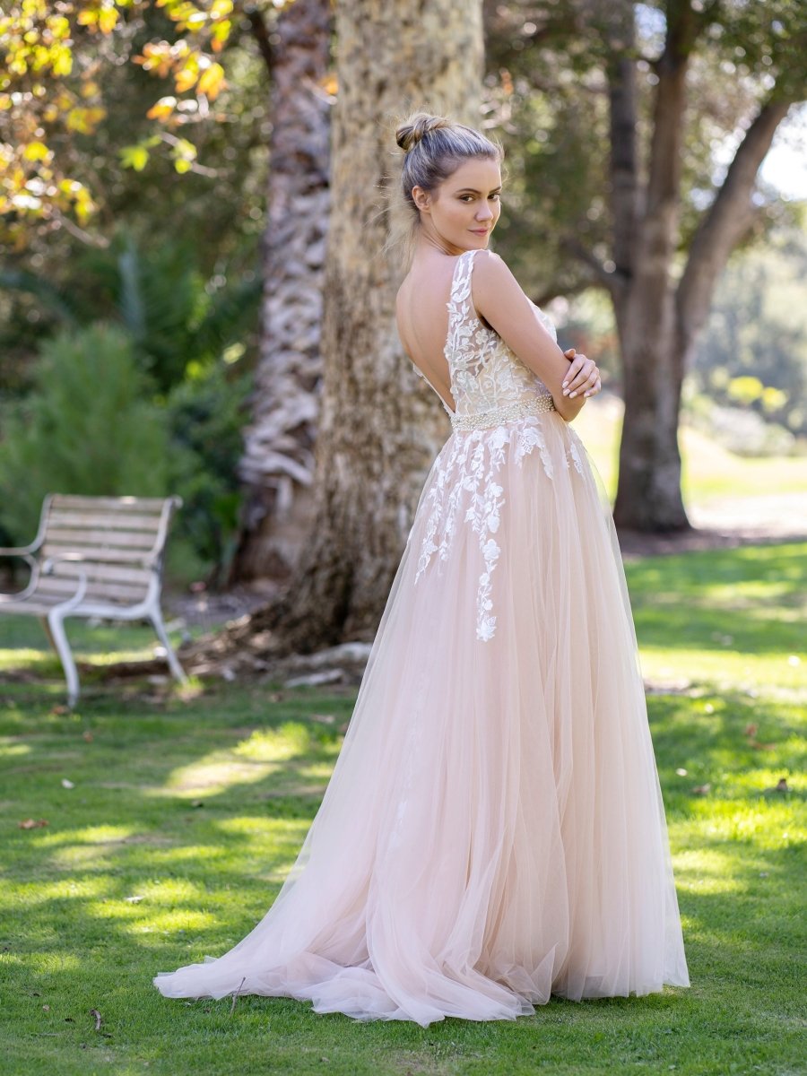 V - neck Applique Lace Tulle Floor - Length Prom Dress - KissProm