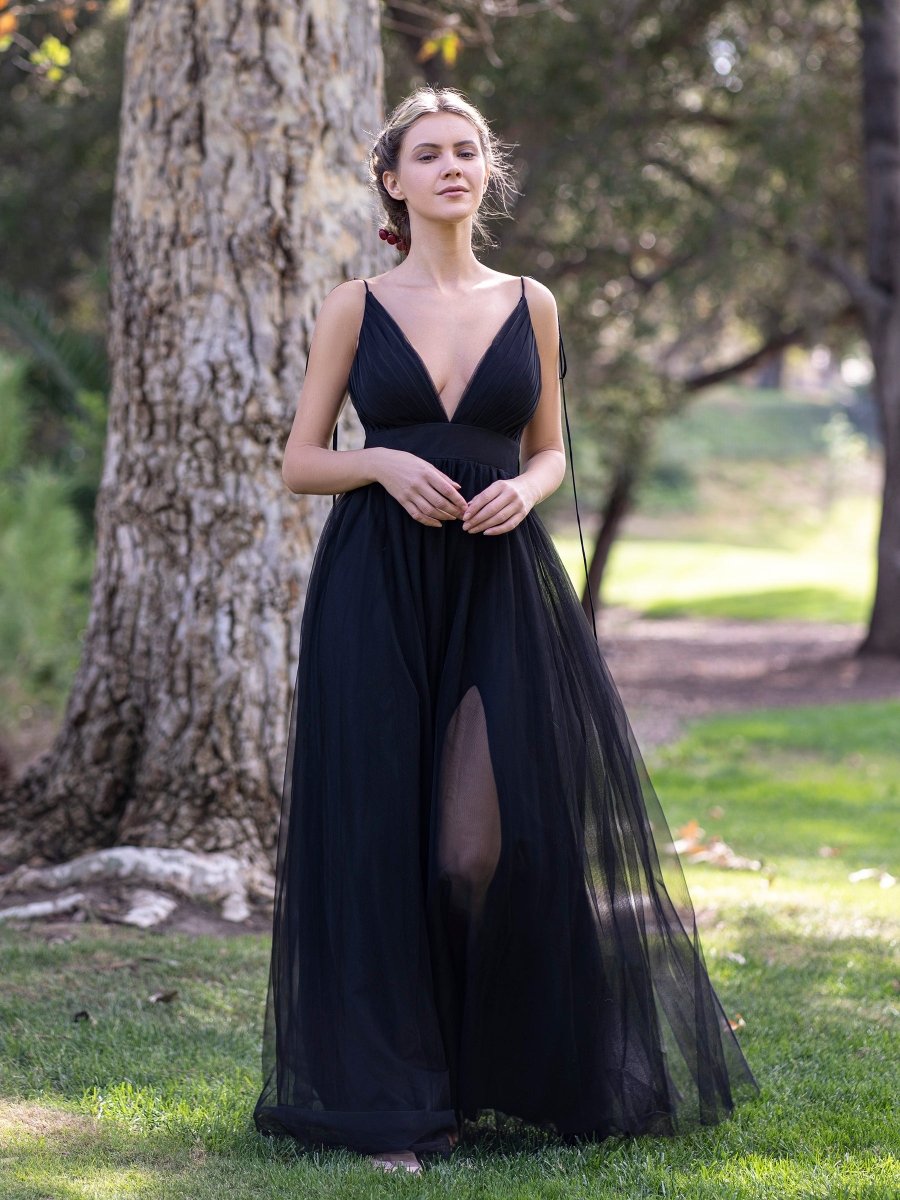 Deep V - neck Tulle Sweep Train Prom Dress - KissProm