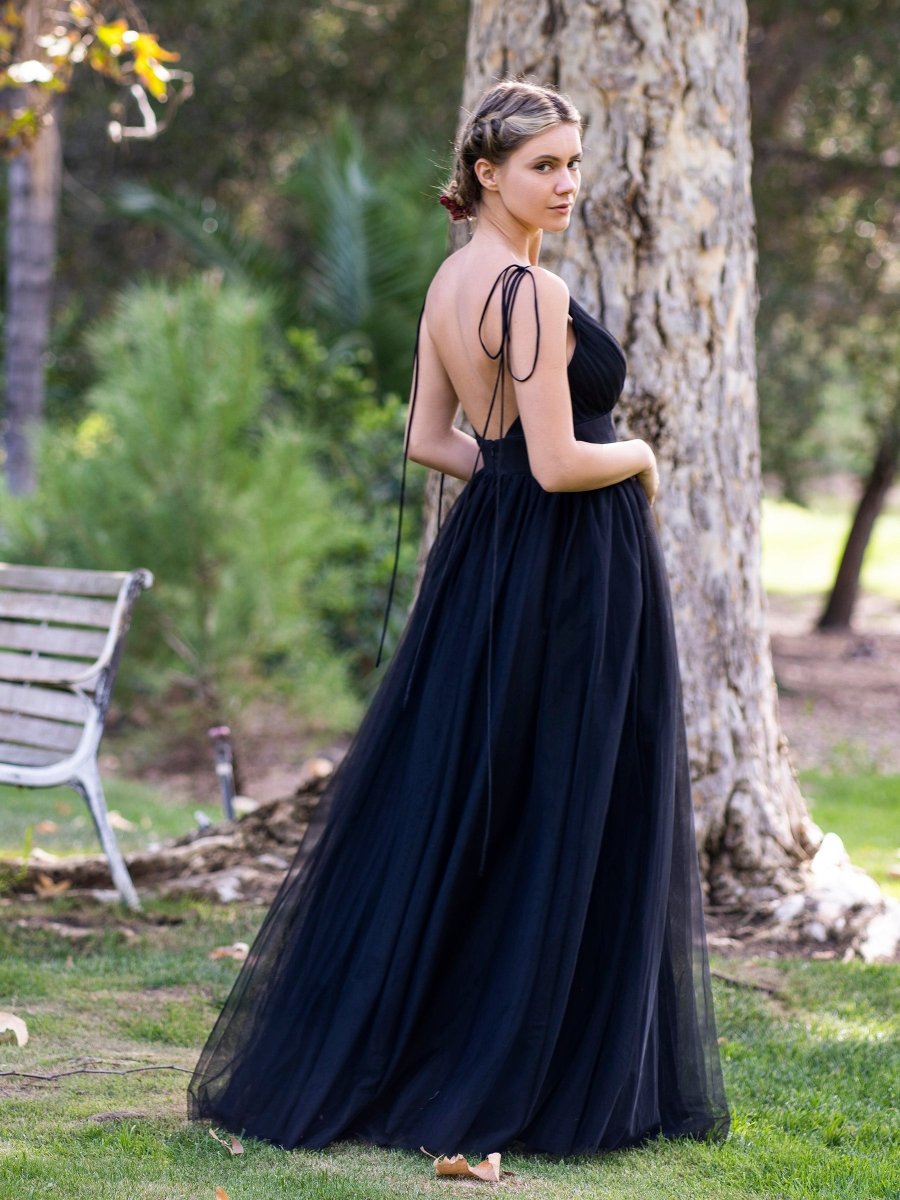 Deep V - neck Tulle Sweep Train Prom Dress - KissProm