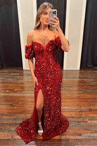 Red Puff Sleeves Sequined Long Party Dress with Side Slit - KissProm