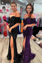 Red Puff Sleeves Sequined Long Party Dress with Side Slit - KissProm