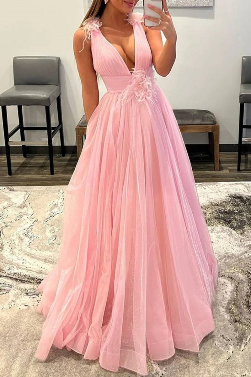 Feathers Backlesss Pink Plunging V - Neck Tulle Long Formal Dress - KissProm