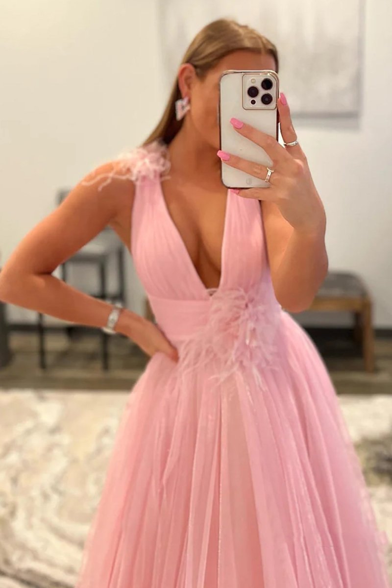 Feathers Backlesss Pink Plunging V - Neck Tulle Long Formal Dress - KissProm