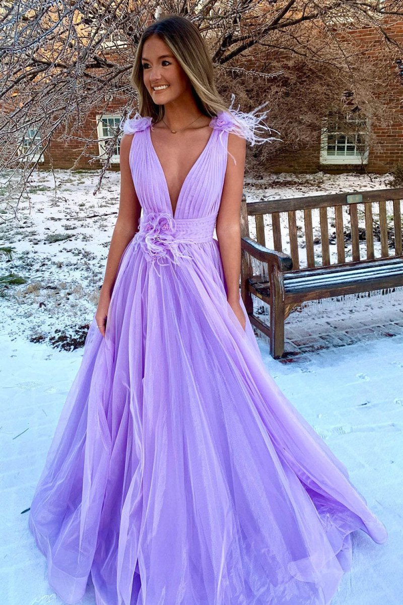 Feathers Backlesss Pink Plunging V - Neck Tulle Long Formal Dress - KissProm